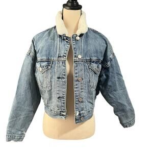 American Eagle Women's Medium Wash Sherpa Lined Cropped Trucker Jean Jacket Sz S